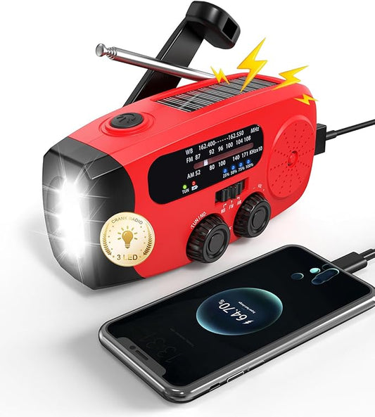 086S Hand Crank Emergency Radio - 2000mAh/7400mWh AM/FM/NOAA Solar Hand Crank Emergency Radio with 3 LED Flashlight, SOS Function for Emergencies, Camping - Red