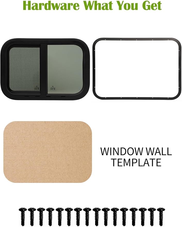 21"x14" RV Sliding Window - Horizontal Teardrop Style, DOT-Certified Tempered Glass & Trim Kit, Aluminum Alloy Frame w/Mesh Screen