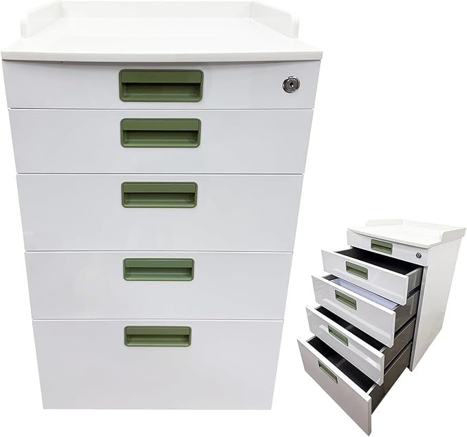 4 Drawer Dental Assistant's Mobile Cabinet Stainless Steel Office File Storage Cart Moving Side Cabinet Mobile Utility Storage Cart with 2 Trays for Dental Medical Office White and Green