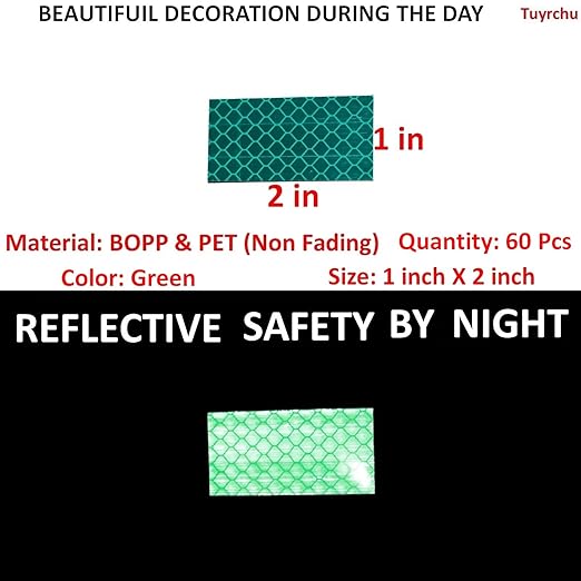 Green Reflective Stickers 1 inch X 2 inch, Outdoor Waterproof High Visibility Warning Safety Adhesive Reflector Tape (60 Pcs)