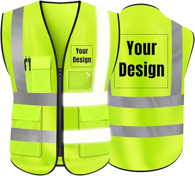 YOWESHOP High Visibility Safety Vest Custom Your Logo Protective Workwear 5 Pockets With Reflective Strips Outdoor Work Vest (Neon Yellow (L))