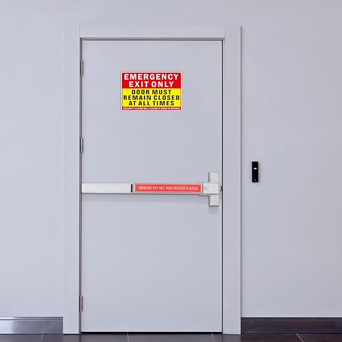 Emergency Exit Only Sign, (2 Pack) Self Adhesive Emergency Exit Sign Sticker for Door, Rust Free and Reflective Aluminum Metal Signs for Wall (9 x 6 inches, Red/Yellow)