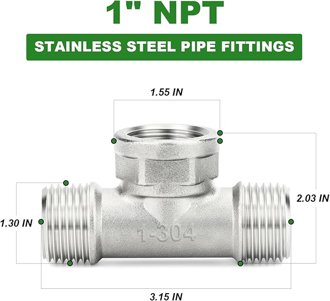TAISHER 2PCS 304 Stainless Steel Tee Pipe Fittings, 1" NPT Male x 1" NPT Female x 1" NPT Male Pipe Fittings, Female Branch Tee
