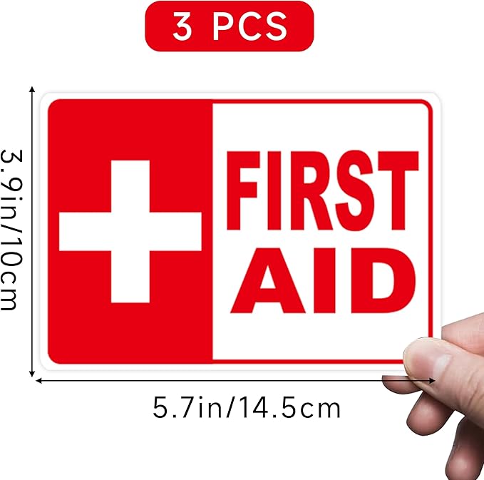 3PCS First Aid Sign Sticker for Home，Self-Adhesive Waterproof First Aid Decals for First Aid Boxes, Emergency First Aid Kit Supplies for Car, Office or Business 5.7"x4"