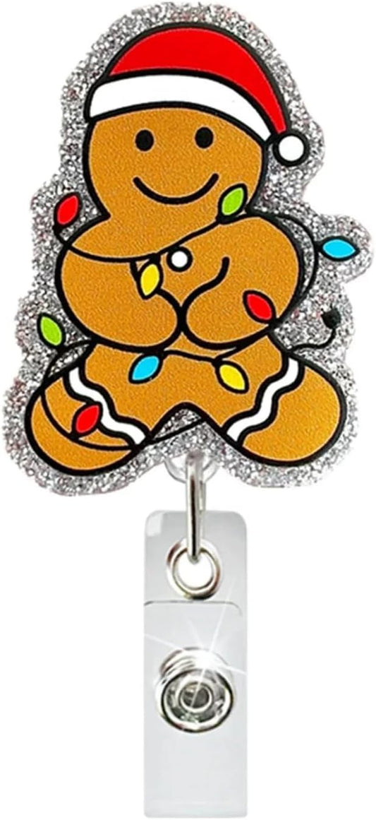 Gingerbread Man Badge Reel Glitter Christmas Badge Holder Retractable ID Name Tag Xmas Badge Reels Gingerbread Man Light String Christmas Acrylic Alligator Badge Clip for Doctor Nurse Office Staff