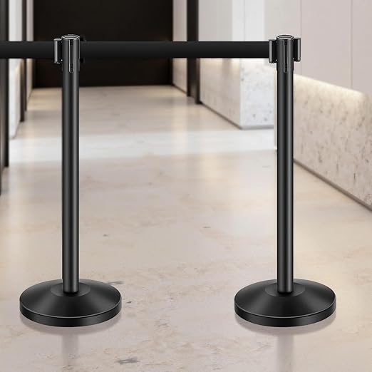VEVOR Stanchion Post, 8 Pcs Stanchions with Retractable Belts, Carbon Steel Black Stanchions Queue with Sand Injection Hollow Base, Crowd Control Barriers for Theaters, Parties, Weddings, Exhibitions