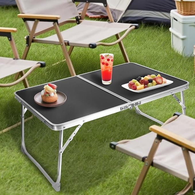 KISKIS 2 Fold Ultra Lightweight Folding Camping Tables 2Ft Portable Small Aluminum Outdoor Desk with Carry Handle, 62X42cm(24X17inch) for Picnic Travel,Black