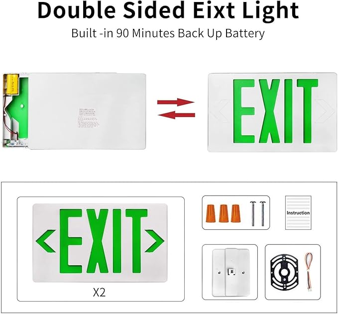 AKT LIGHTING Green LED Exit Sign Emergency Light with Battery Backup, Double Face Hardwired Green Letter Emergency Exit Lighting For Business, Restaurant, Commercial, Supermarket, UL-Listed, 120-277V,Pack of 12
