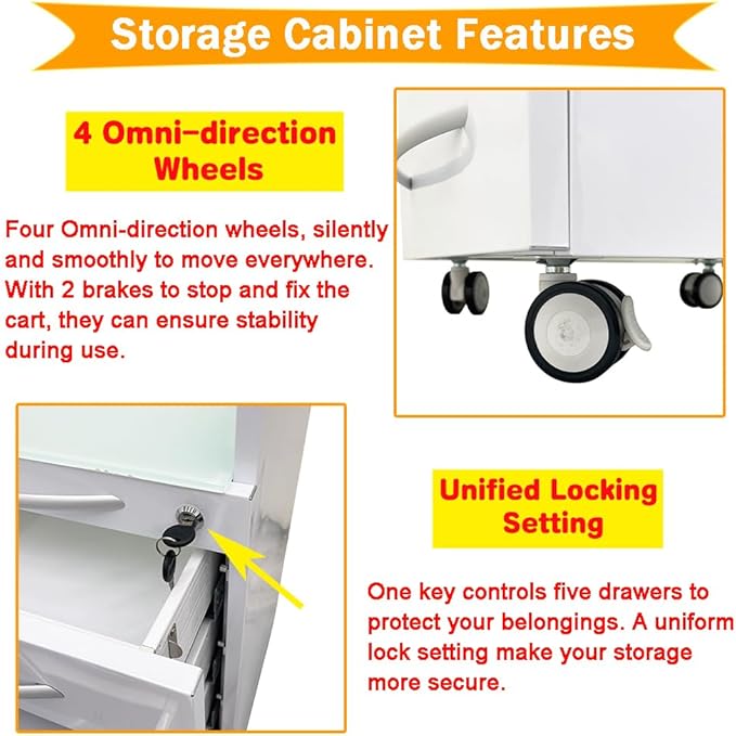 5 Drawer Dental Assistant's Mobile Cabinet Mobile Utility Storage Cart Office File Storage Cart Stainless Steel Moving Side Cabinet with Lock Wheels for Dental Medical Office Home