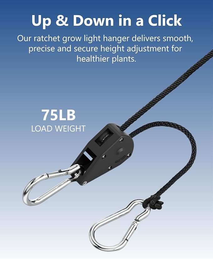 1/8" Adjustable Grow Light Hangers: 8 Pack Easy of Use Ratchet Ropes - Quick Hanging Accessories for Grow Tent