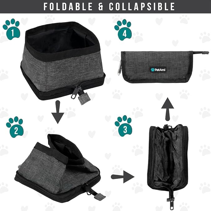 PetAmi Collapsible Dog Bowls 2 Pack, Food and Water Bowls Travel Set, Portable Pet Dish No Spill, Foldable Lightweight BPA Free Leakproof, Camping Hiking Walking Outdoor Gear Accessories, Stripe Black
