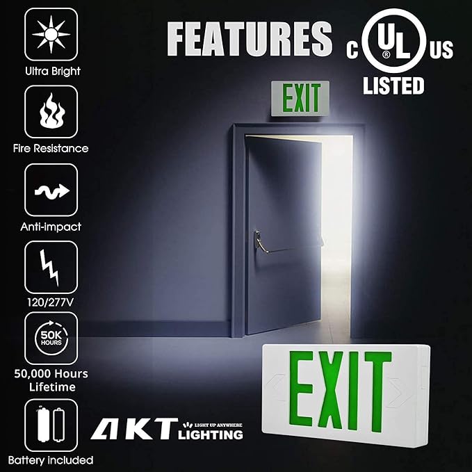 AKT LIGHTING Green LED Exit Sign Emergency Light with Battery Backup, Double Face Hardwired Green Letter Emergency Exit Lighting For, Restaurant, Commercial, Supermarket, UL-Listed, 120-277V, Pack of 6