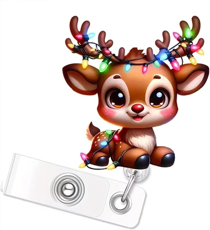 Deer Badge Holder Christmas Badge Reel Retractable Badge with Alligator Clip Colorful Light String Reindeer ID Badge Holder Cute Acrylic Badge Clips for Holiday Nurses Nursing Students Teachers Office
