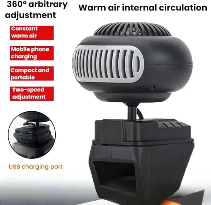 Battery Operated Heater, Battery Powered Heater, with 1500mah Batterys Anti-Tilt, Quiet Long Heating, Car Window Defogger Phone Charging for Camping/Car (Black+Battery*2)
