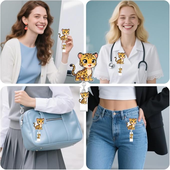 Cute Leopard Badge Reel for ID Card, Funny Leopard Retractable Nurse Alligator Clip Badge Reel for Women, ID Name Tag Badge Holder for Office School Hospital Nurses Doctors Teachers