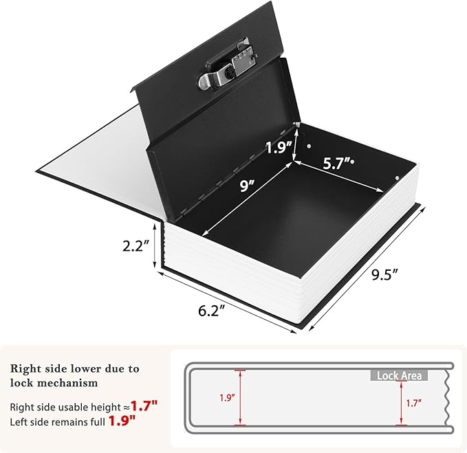 KYODOLED Diversion Book Safe with Combination Lock, Secret Hidden Metal Lock Box,Money Hiding Collection Box,9.5" x 6.2" x 2 .2" Black Large