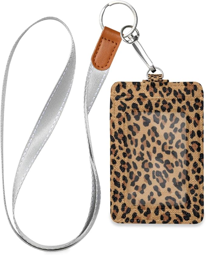 Leopard ID Badge Holder with Lanyard, Vertical Leather ID Badge Card Holder for Office Staff, School Teacher and Student