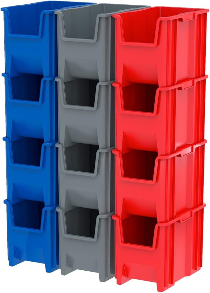 Akro-Mils 13014 Stak-N-Store Heavy Duty Stackable Open Front Plastic Storage Container Bin, (17-1/2-Inch x 11-Inch x 12-1/2-Inch), Gray, (4-Pack)