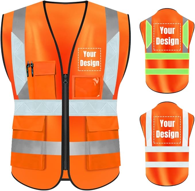 YOWESHOP High Visibility Safety Vest Custom Your Logo Protective Workwear 5 Pockets With Reflective Strips Outdoor Work Vest (2XL, Orange Luminous)