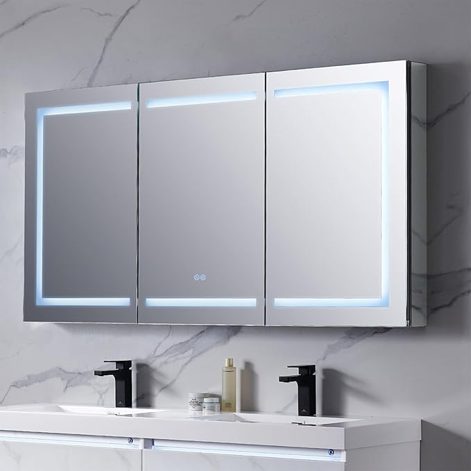 Blossom 60-Inch LED Lighted Mirror Medicine Cabinet - Recessed or Surface Mount Bathroom Cabinet - One Touch Built-in Defogger - Dimmer - Makeup Mirror - 3 Adjustable Glass Shelves
