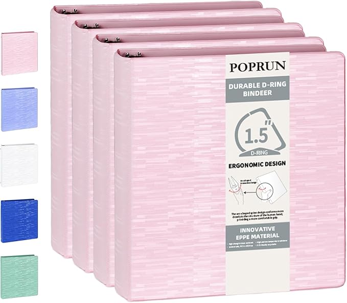 POPRUN 3 D Ring Binder 1.5 Inch, PVC-Free, Holds 375 Sheets of 8.5 x 11 Paper, Extra Durable Organizer with 2 Pockets for School & Office, Heavy-Duty, 4 Pack, Pink