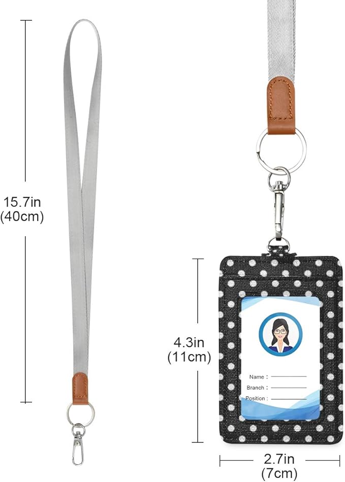 Polka Dot ID Badge Holder with Lanyard, Vertical Leather ID Badge Card Holder for Office Staff, School Teacher and Student