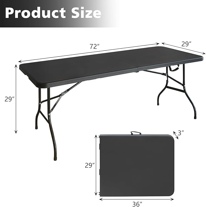 Portable 6Ft Plastic Folding Table, Heavy Duty 6ft Fold-in-Half Table with Carrying Handle, 6' Folding Utility Foldable Table for Picnic Party Camping Kitchen, Indoor/Outdoor (Black)
