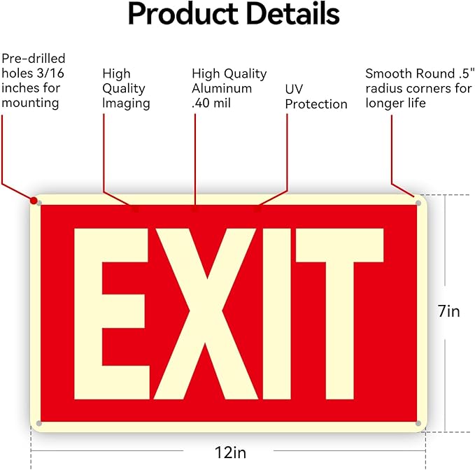 Exit Sign -2 Pack Glow in the Dark Exit Signs Aluminum 12x7 Inch – Photoluminiscent, Laminated for Ultimate UV, Weather & Fade Resistance , Indoor & Outdoor for Business, School, Office, Warehouse,fire exit sign