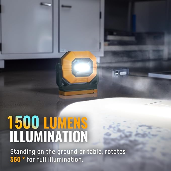 LED Rechargeable Work Light, 2Pack 1500LM Portable COB Magnetic Lights with 3 Modes & 360°Rotatable, IPX4 Waterproof Worklight for Car Repairing, Job Site Lighting, Emergency (2 PCS)