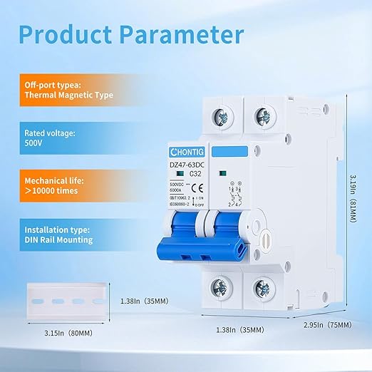 32 Amp Miniature DC Circuit Breaker 500V 2 Pole, Solar PV Disconnect Switch with Thermal Magnetic Trip, DIN Rail Mount Isolator C32