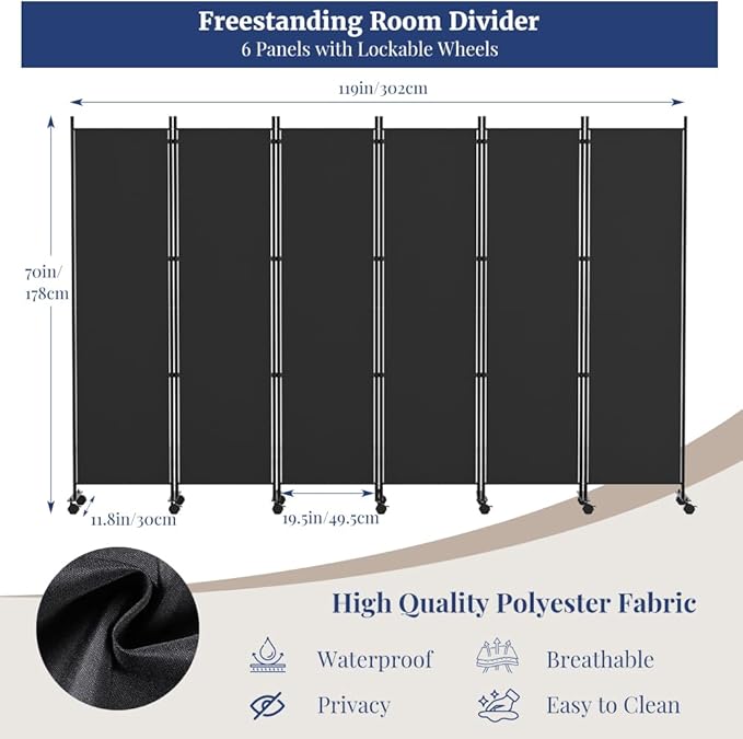 Kokorona 6 Panel Room Divider, 6FT Tall Rolling Privacy Screen with Lockable Wheels, Folding Wall Dividers Portable Room Divider for Room Separation, Included - Cover Strips, Black, 119''W x 70''H