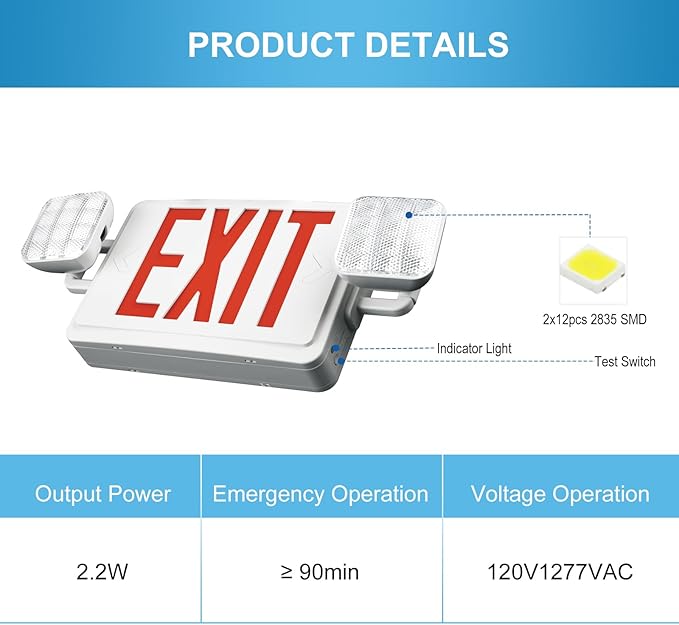 Double Sided LED Emergency EXIT Sign, Remote Capable, Two LED Flood Lights, Backup Battery, US Standard Red Letter Emergency Exit Lighting, Commercial Grade, 120-277V, FireResistant(UL 94V-0) (6 Pack)