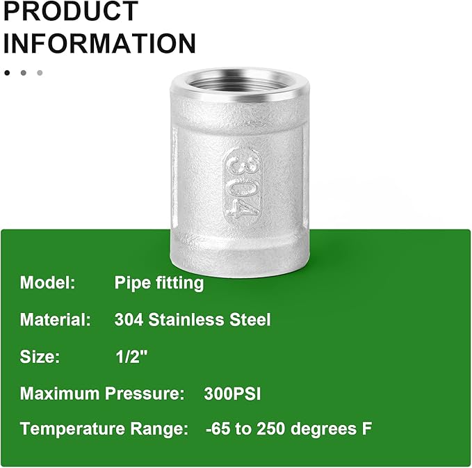 TAISHER 5PCS 304 Stainless Steel Cast Pipe Fitting, Coupling, 1/2" x 1/2" NPT Female Threaded