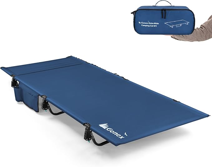 Gonex 31.5" Extra Wide Camping Cot with Premium Pillow Pocket Supports 350lbs, Portable Ultralight Folding Cot Bed for Adults Travel, Beach, Home, Sleeping (Blue)