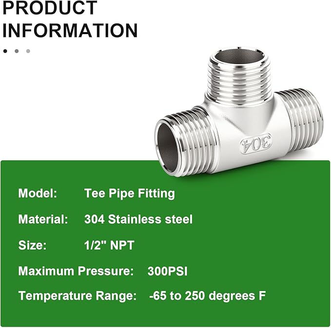 TAISHER 5PCS 304 Stainless Steel Tee Pipe Fittings, 1/2" x 1/2" x 1/2" NPT Male Pipe Fittings