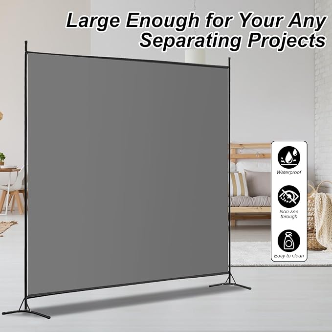 Room Divider - 6 Ft Single Panel, 69''W x 70''H Freestanding Privacy Screen for Room Separation, Portable Partition in Grey