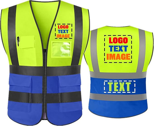 High Visibility Safety Reflective Vest with Pockets and Zipper Construction Hi Vis Work Vest(Neon Yellow/Blue S)