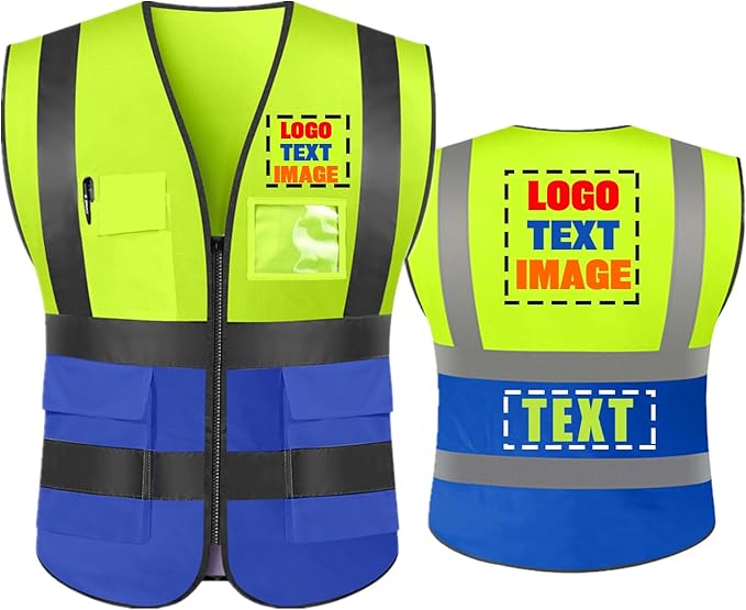 High Visibility Safety Reflective Vest with Pockets and Zipper Construction Hi Vis Work Vest(Neon Yellow/Blue XL)