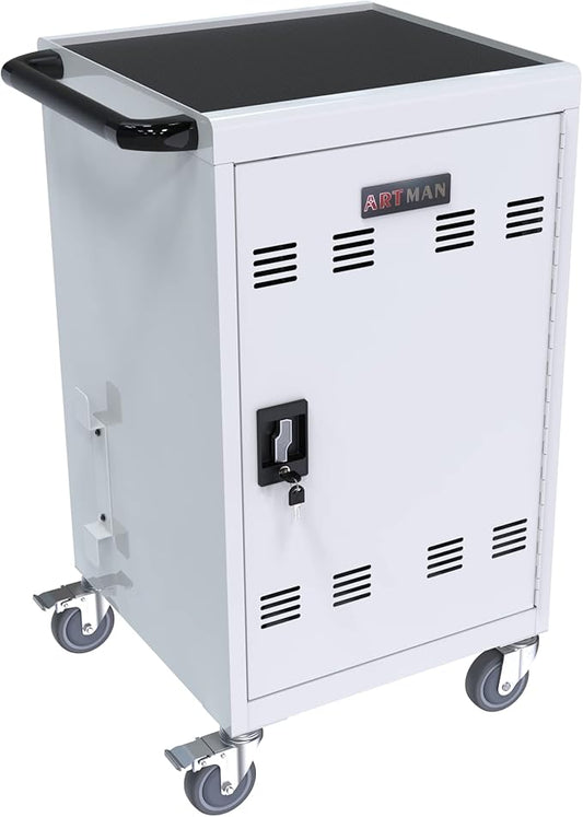 30-Device Mobile Charging Cart with Charging Power Strip and Front and Rear Access Locks, Cable Management, Up to 17"", Safe Charging Cabinet for Ipads, Chromebooks, Tablets, Laptops White