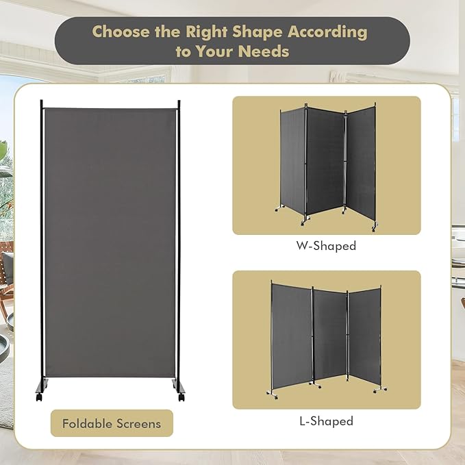 Giantex 3 Panel Room Divider with Wheels, 103''W x 71''H Folding Privacy Screen, Rolling Partition Room Dividers for Home Office Studio, Freestanding Fabric Wall Divider for Room Separation, Gray