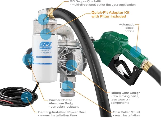 GPI - G20 Fuel Transfer Pump, Automatic Shut-off Nozzle with Filter Kit, 20 GPM, 12 Volt (162020-03)
