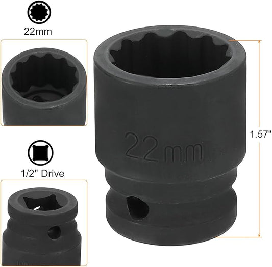 HARFINGTON 12-Point Impact Socket 1/2 Inch Drive 22mm Metric Cr-V Shallow Impact Socket Nut Driver Wrench for Auto Repair