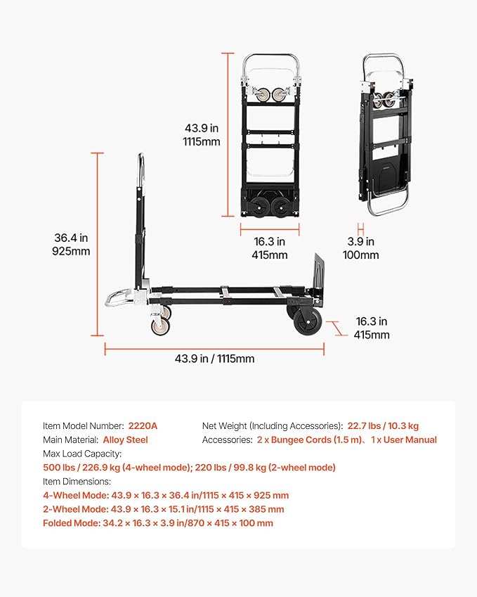 VEVOR 3 in 1 Folding Hand Truck, 500 lbs Load Capacity for 4-Wheel Mode, Convertible Hand Truck Dolly with Wheels & Adjustable Handle, Portable Trolley Dolly for Moving Home, Office, Warehouse