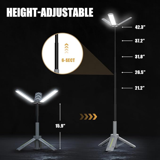 BUBRA Telescopic Camping Lantern with 40" Stand, 8000mAh Rechargeable Work Light, 1000LM Flashlight, IP44 Waterproof Tripod Base, Dimmable LED for Hurricane, Emergency, Repair
