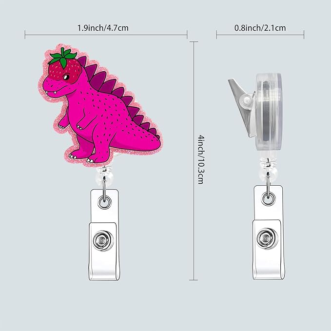 Dinosaur Cute Badge Holder, Funny Strawberry Badge Buddy for RN LPN CNA Accessories for Work, Glitter Retractable Badge Reel with Alligator Clip (Strawberry Dinosaur)
