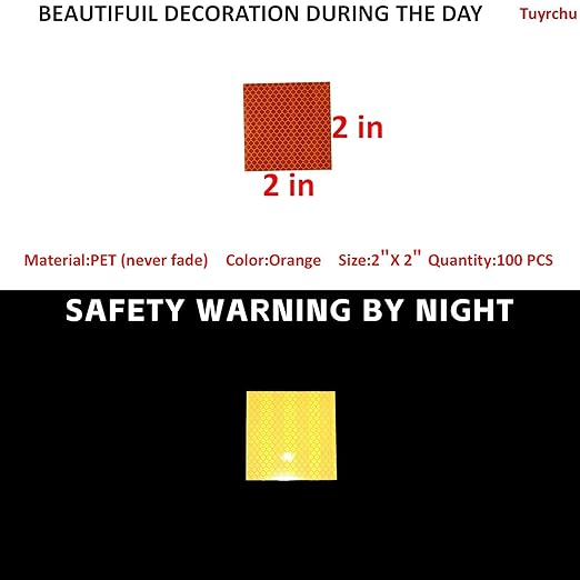 Non Fading Orange Reflective Stickers 2 inch X 2 inch, Outdoor Waterproof High Visibility Warning Safety Adhesive Reflector Tape (100 Pcs)