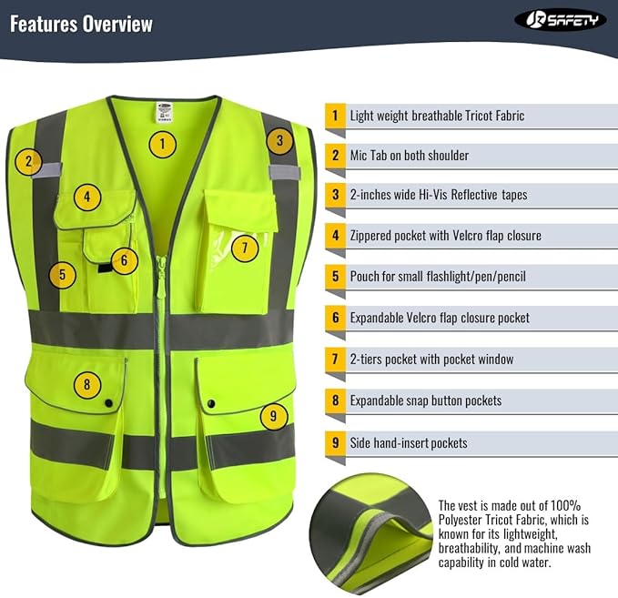 JKSafety 9 Pockets Class 2 High Visibility Zipper Front Safety Vest With Reflective Strips,Meets ANSI/ISEA Standard (Small, 150-Yellow)