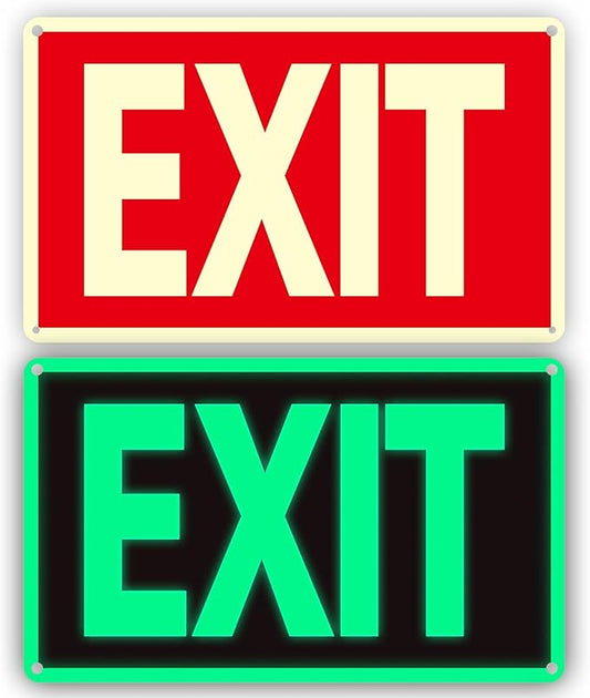 Exit Sign -2 Pack Glow in the Dark Exit Signs Aluminum 12x7 Inch – Photoluminiscent, Laminated for Ultimate UV, Weather & Fade Resistance , Indoor & Outdoor for Business, School, Office, Warehouse,fire exit sign