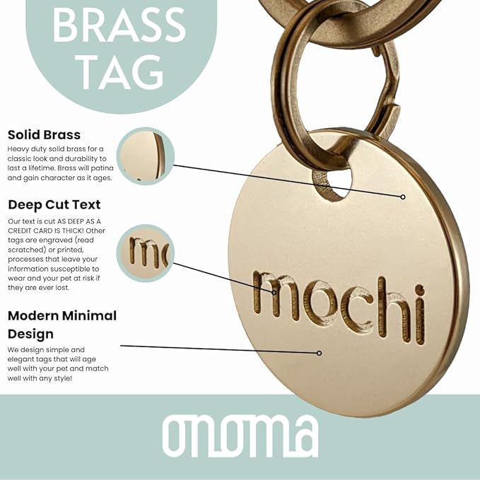 Solid Brass PET TAG - Modern, Minimal Pet IDs. Durable, Lifetime Tags with deep Cut Text. Includes Space for Two Phone Numbers. (Long)
