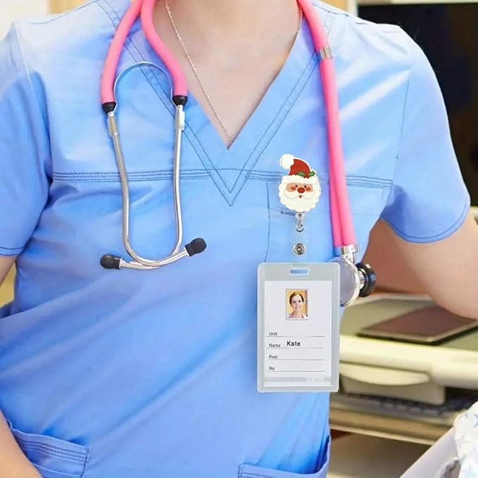 Holly Santa Claus Badge Reel Cute Christmas Nurse Badge Clip for Name Tag Accessories Xmas Badge Holder for Nursing Medical Worker Teacher |with Alligator Clip & 24” Durable Nylon Cord